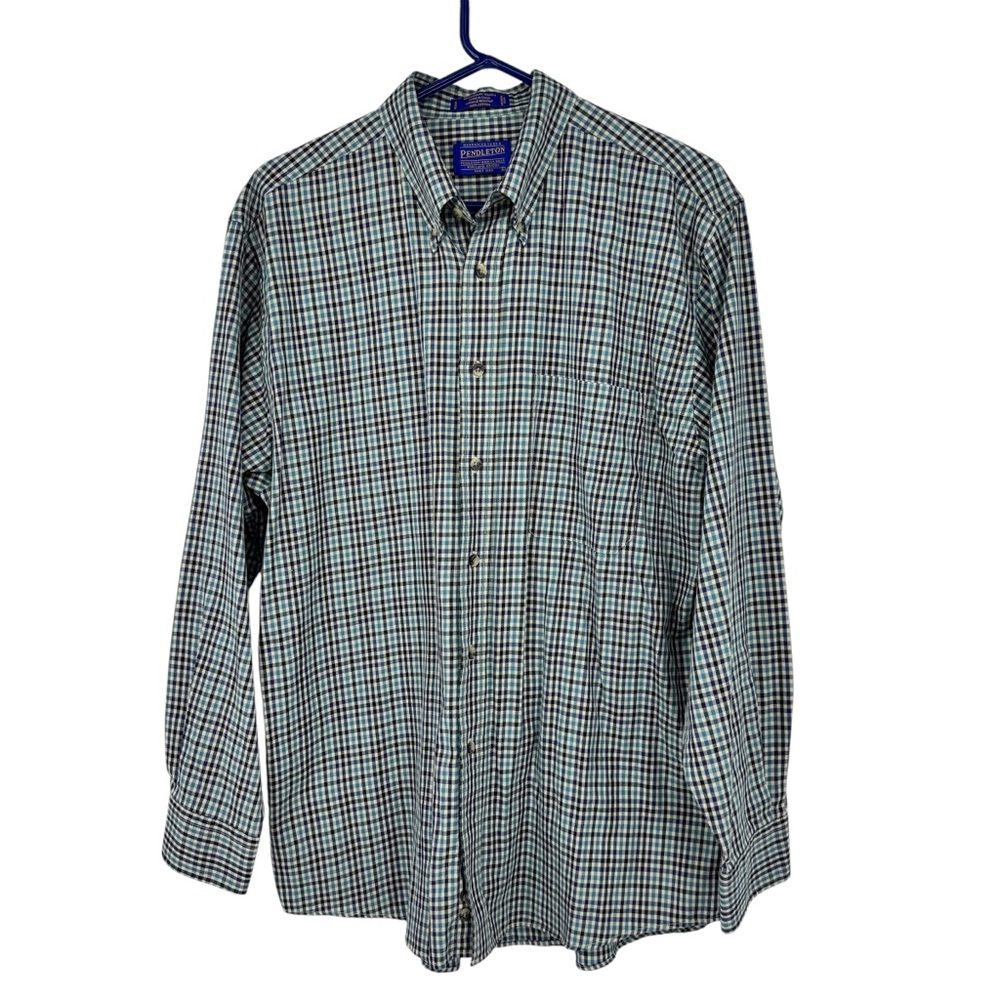 Pendleton Large Navy/Turquoise/Cream Plaid Cotton Broadway Cloth Dress Shirt